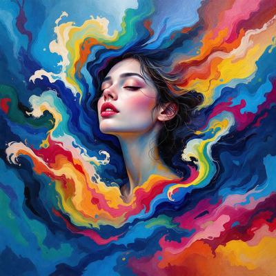 The primary subject of the image is a woman with long hair, who is the main focus of the painting. She is depicted with a pouting expression, and her eyes are closed. The setting is a colorful, abstract background that complements the woman's features. The visual style of the image is a painting, which showcases the artist's skill in capturing the woman's beauty and expression. The colors and mood of the painting are vibrant and lively, with a mix of warm and cool t